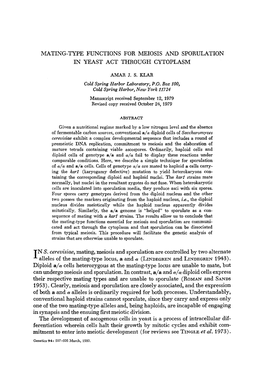 Mating-Type Functions for Meiosis and Sporulation in Yeast Act Through Cytoplasm