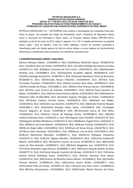 1 ADMINISTRADOR(A) JÚNIOR / NACIONAL: Adriana Marques Rabelo; 111009091-6; 34,0; 256/Adriano Martinelli Ianase; 241000754-0; 36