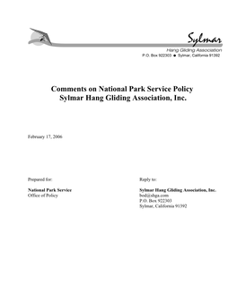 Comments on National Park Service Policy Sylmar Hang Gliding Association, Inc
