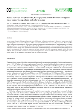 Nostoc Oromo Sp. Nov. (Nostocales, Cyanophyceae) from Ethiopia: a New Species Based on Morphological and Molecular Evidence