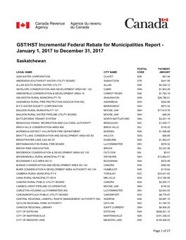 GST/HST Incremental Federal Rebate for Municipalities Report - January 1, 2017 to December 31, 2017