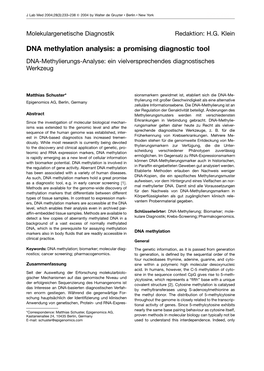 DNA Methylation Analysis: a Promising Diagnostic Tool DNA-Methylierungs-Analyse: Ein Vielversprechendes Diagnostisches Werkzeug