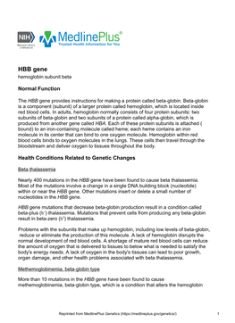 HBB Gene Hemoglobin Subunit Beta