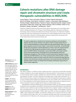 Cohesin Mutations Alter DNA Damage Repair and Chromatin Structure and Create Therapeutic Vulnerabilities in MDS/AML