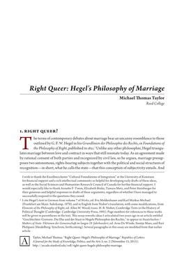 Right Queer: Hegel's Philosophy of Marriage