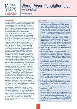 World Prison Population List (Eighth Edition) International Centre for Prison Studies Roy Walmsley