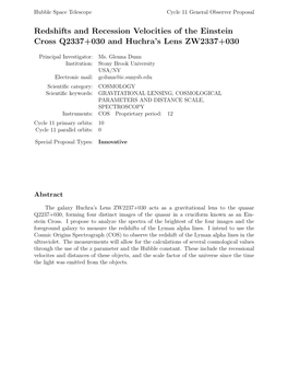 Redshifts and Recession Velocities of the Einstein Cross Q2337+030 and Huchra's Lens ZW2337+030