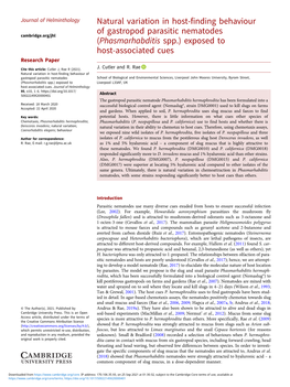 Natural Variation in Host-Finding Behaviour of Gastropod Parasitic Nematodes Cambridge.Org/Jhl (Phasmarhabditis Spp.) Exposed to Host-Associated Cues Research Paper