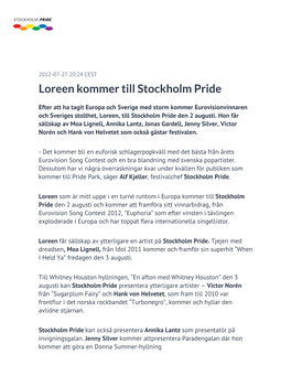 Loreen Kommer Till Stockholm Pride