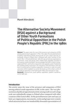 (RSA) Against a Background of Other Youth Formations of Political Opposition in the Polish People’S Republic (PRL) in the 1980S