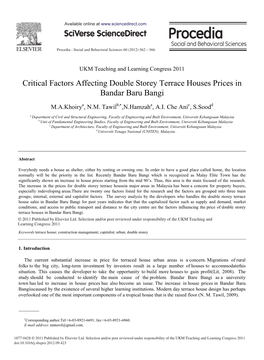 Critical Factors Affecting Double Storey Terrace Houses Prices in Bandar Baru Bangi