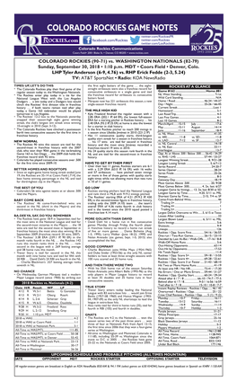 Colorado Rockies Game Notes