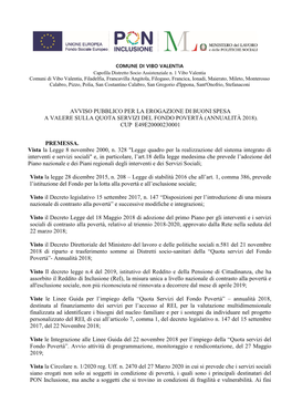 Avviso Pubblico Per La Erogazione Di Buoni Spesa a Valere Sulla Quota Servizi Del Fondo Povertà (Annualità 2018)