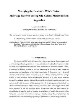 Marrying the Brother's Wife's Sister: Marriage Patterns Among Old Colony Mennonites in Argentina