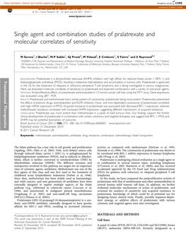 Single Agent and Combination Studies of Pralatrexate and Molecular Correlates of Sensitivity