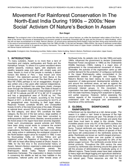 Movement for Rainforest Conservation in the North-East India During 1990S – 2000S:‗New Social‘ Activism of Nature‘S Beckon in Assam