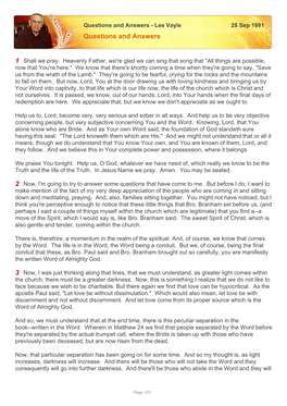 Questions and Answers - Lee Vayle 28 Sep 1991 Questions and Answers