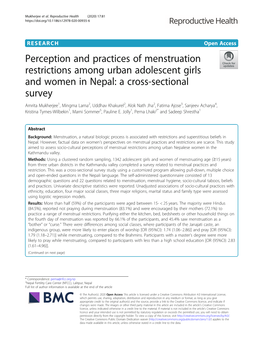 Perception and Practices of Menstruation Restrictions Among