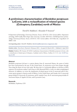A Preliminary Characterization of Bembidion Perspicuum Leconte, with a Reclassification of Related Species (Coleoptera, Carabidae) North of México