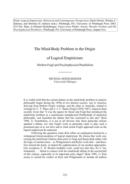 The Mind-Body Problem in the Origin of Logical Empiricism