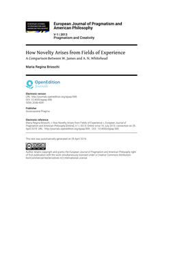 European Journal of Pragmatism and American Philosophy, V-1 | 2013 How Novelty Arises from Fields of Experience 2