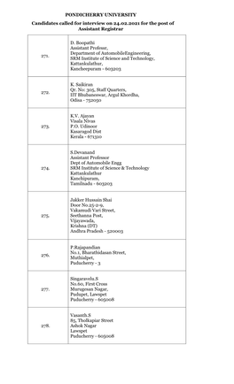 PONDICHERRY UNIVERSITY Candidates Called for Interview on 24.02.2021 for the Post of Assistant Registrar