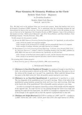 Plane Geometry II: Geometry Problems on the Circle Berkeley Math Circle – Beginners by Zvezdelina Stankova Berkeley Math Circle Director March 29 – April 19, 2011
