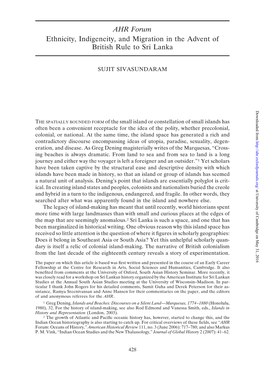 AHR Forum Ethnicity, Indigeneity, and Migration in the Advent of British Rule to Sri Lanka