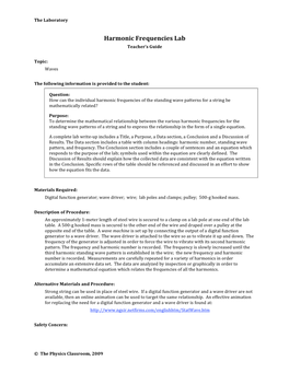 Harmonic Frequencies Lab Teacher’S Guide