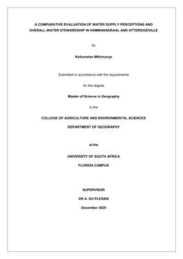 A Comparative Evaluation of Water Supply Perceptions and Overall Water Stewardship in Hammanskraal and Atteridgeville