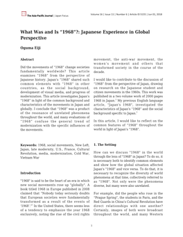 What Was and Is “1968”?: Japanese Experience in Global Perspective