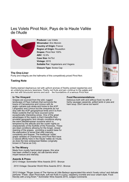 Les Volets Pinot Noir, Pays De La Haute Vallée De L'aude