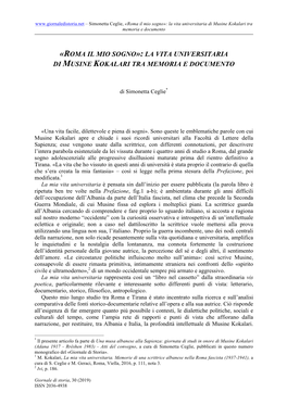 Roma Il Mio Sogno»: La Vita Universitaria Di Musine Kokalari Tra Memoria E Documento