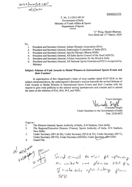 Scheme of Cash Awards to Medal Winners in International Sports Events and Their Coaches'