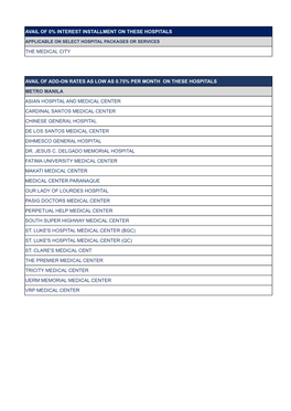 Avail of 0% Interest Installment on These Hospitals the Medical City Avail of Add-On Rates As Low As 0.75% Per Month on These H