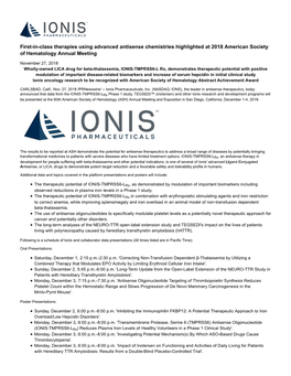 First-In-Class Therapies Using Advanced Antisense Chemistries Highlighted at 2018 American Society of Hematology Annual Meeting