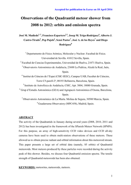 Observations of the Quadrantid Meteor Shower from 2008 to 2012: Orbits and Emission Spectra