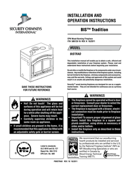 BIS™ Tradition INSTALLATION and OPERATION INSTRUCTIONS