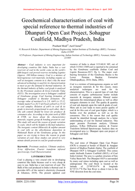 Geochemical Characterisation of Coal with Special Reference to Thermal Industries of Dhanpuri Open Cast Project, Sohagpur Coalfield, Madhya Pradesh, India