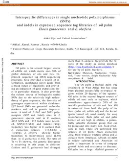 Interspecific Differences in Single Nucleotide Polymorphisms (Snps) and Indels in Expressed Sequence Tag Libraries of Oil Palm Elaeis Guineensis and E