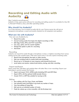 Recording and Editing Audio with Audacity Audacity Is Free, Open Source Software for Recording and Editing Sounds