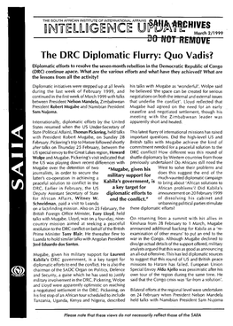 The DRC Diplomatic Flurry: Quo Vadis? Diplomatic Efforts to Resolve the Seven-Month Rebellion in the Democratic Republic of Congo (DRC) Continue Apace