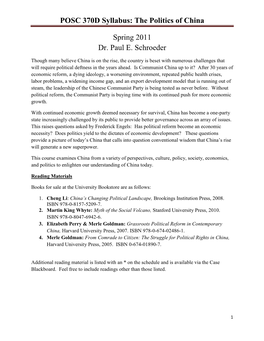 POSC 370D Syllabus: the Politics of China