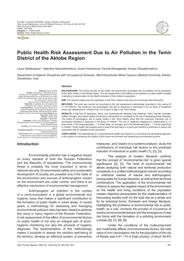 Public Health Risk Assessmentdistrict of the Aktobe Region