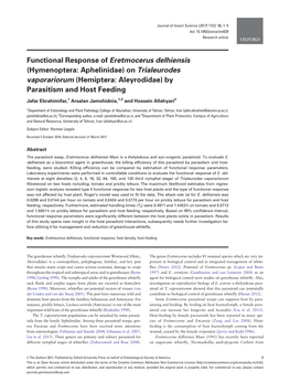 Functional Response of Eretmocerus Delhiensis (Hymenoptera: Aphelinidae) on Trialeurodes Vaporariorum (Hemiptera: Aleyrodidae) by Parasitism and Host Feeding