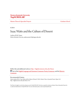 Isaac Watts and the Culture of Dissent Andrew Eli M