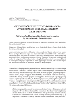 Ojczystość I Dziedzictwo Pogranicza W Twórczości Sokrata Janowicza Z Lat 1987–2001