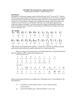 Old English: Beowulf and Other Anglo-Saxon Poetry Aibhilin Inghean Daibhídh – Aibhilind@Gmail.Com