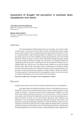 Assessment of Drought Risk Perception in Southeast Spain (Guadalentin River Basin) Abstract: Resumo