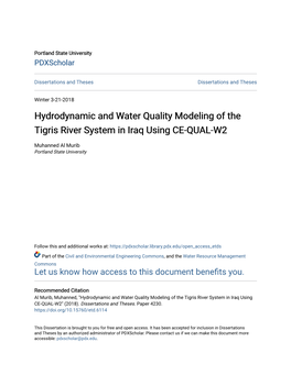 Hydrodynamic and Water Quality Modeling of the Tigris River System in Iraq Using CE-QUAL-W2